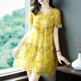 Womens Yellow Ruffled Silk Dress Watercolor Floral Short Silk Dress